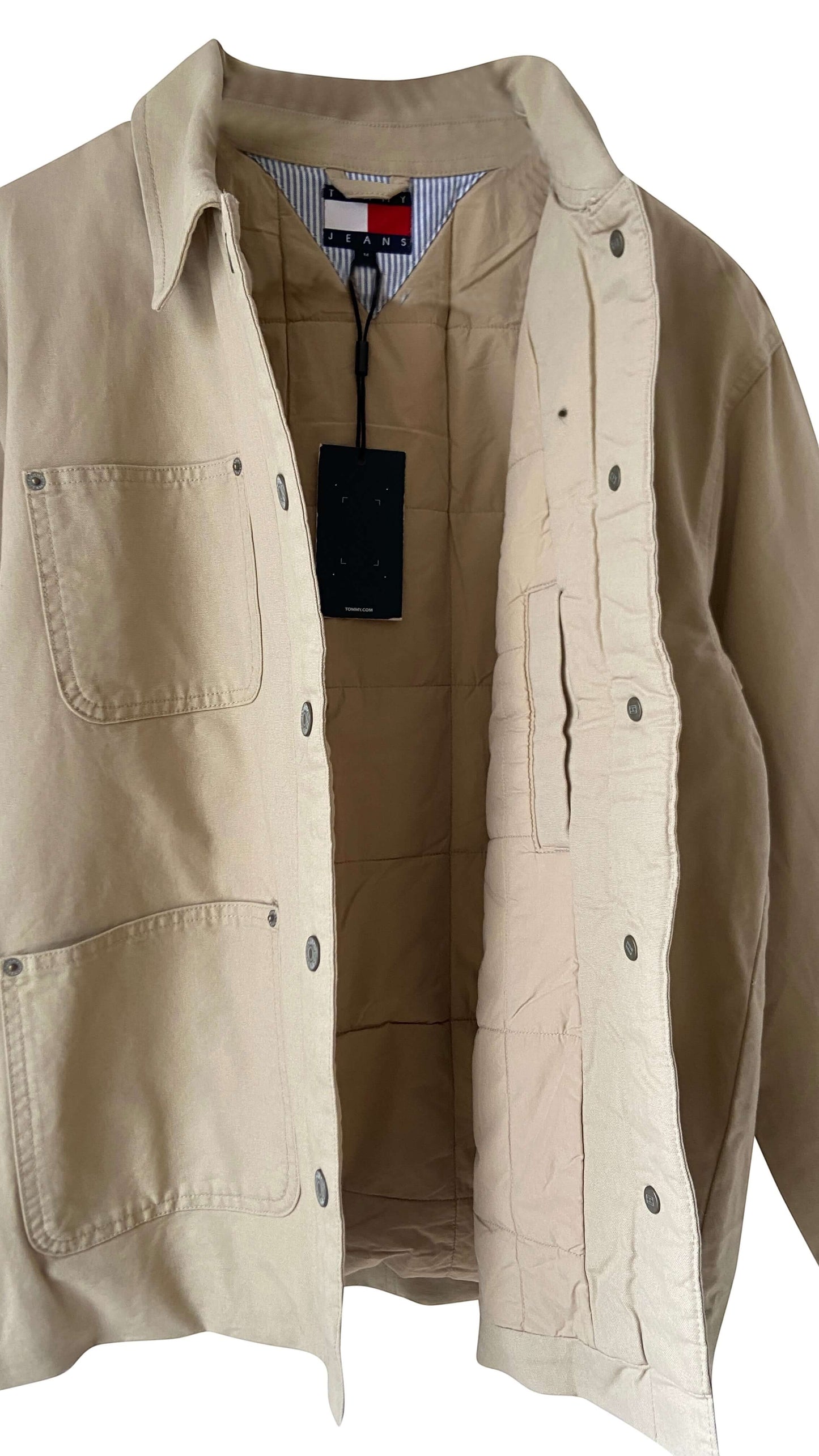 BITAMBS Tommy Hilfiger beige cotton canvas workwear jacket with button front, utility pockets, and striped lining.