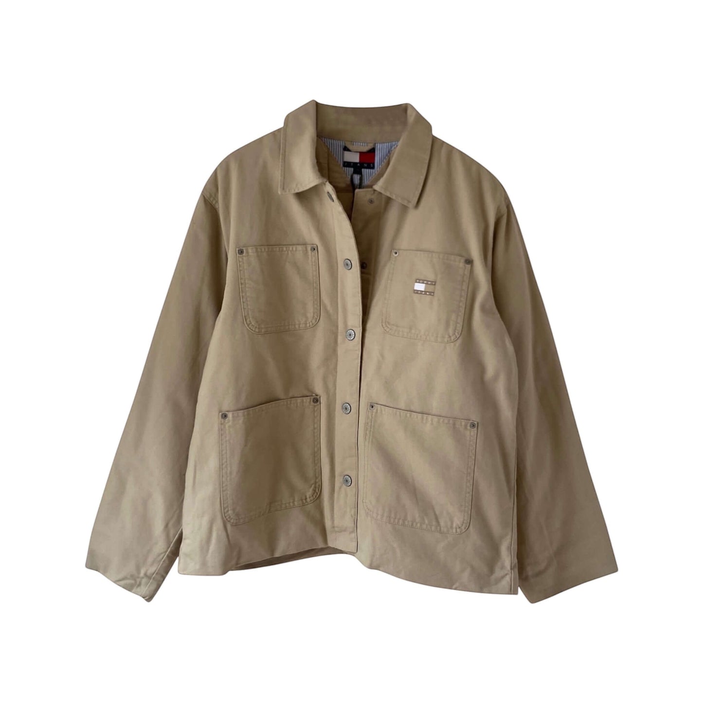 BITAMBS Tommy Hilfiger beige cotton canvas workwear jacket with utility pockets and button-down front