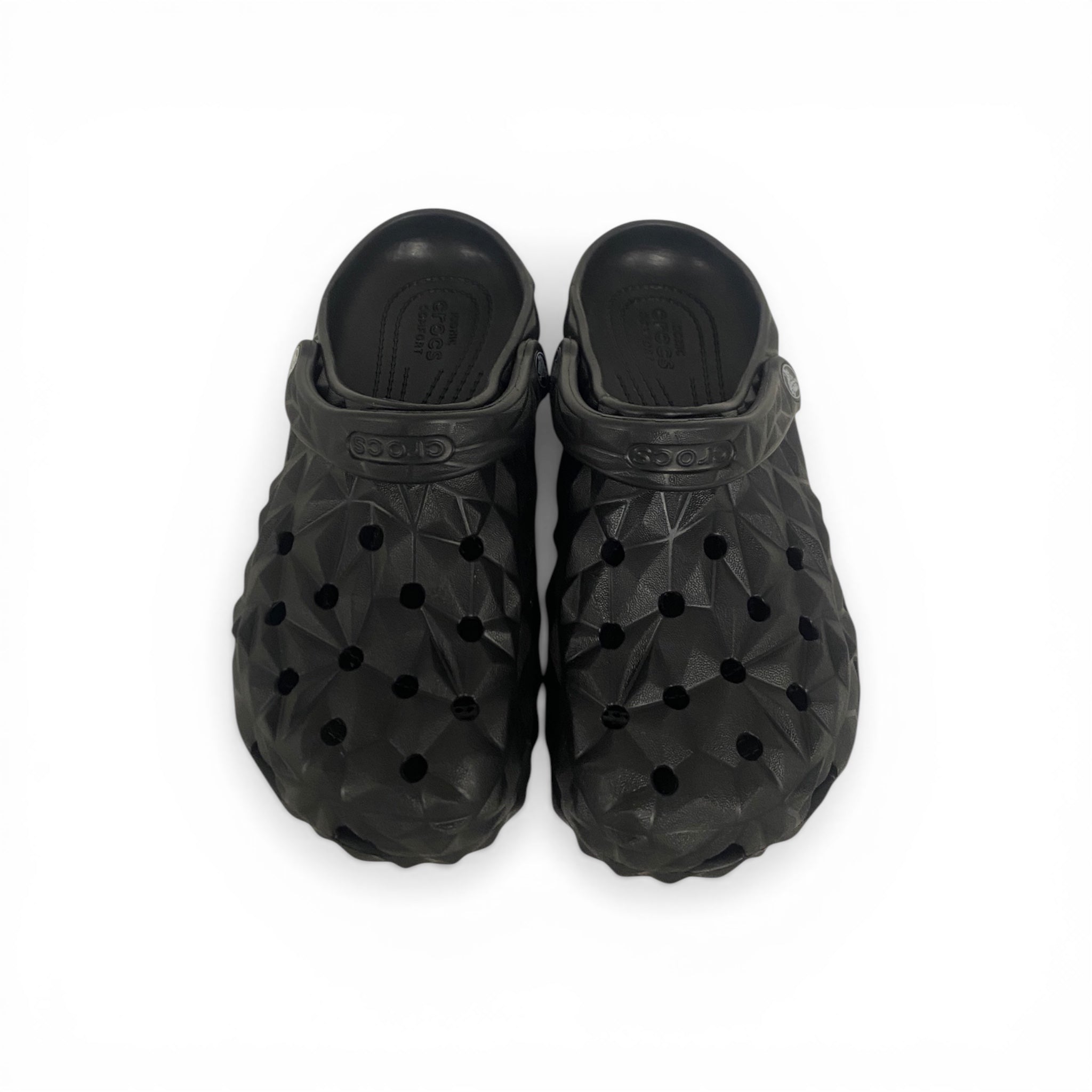 Unisex Black Geometric Pattern Crocs – Premium Comfort Clogs with Adjustable Strap