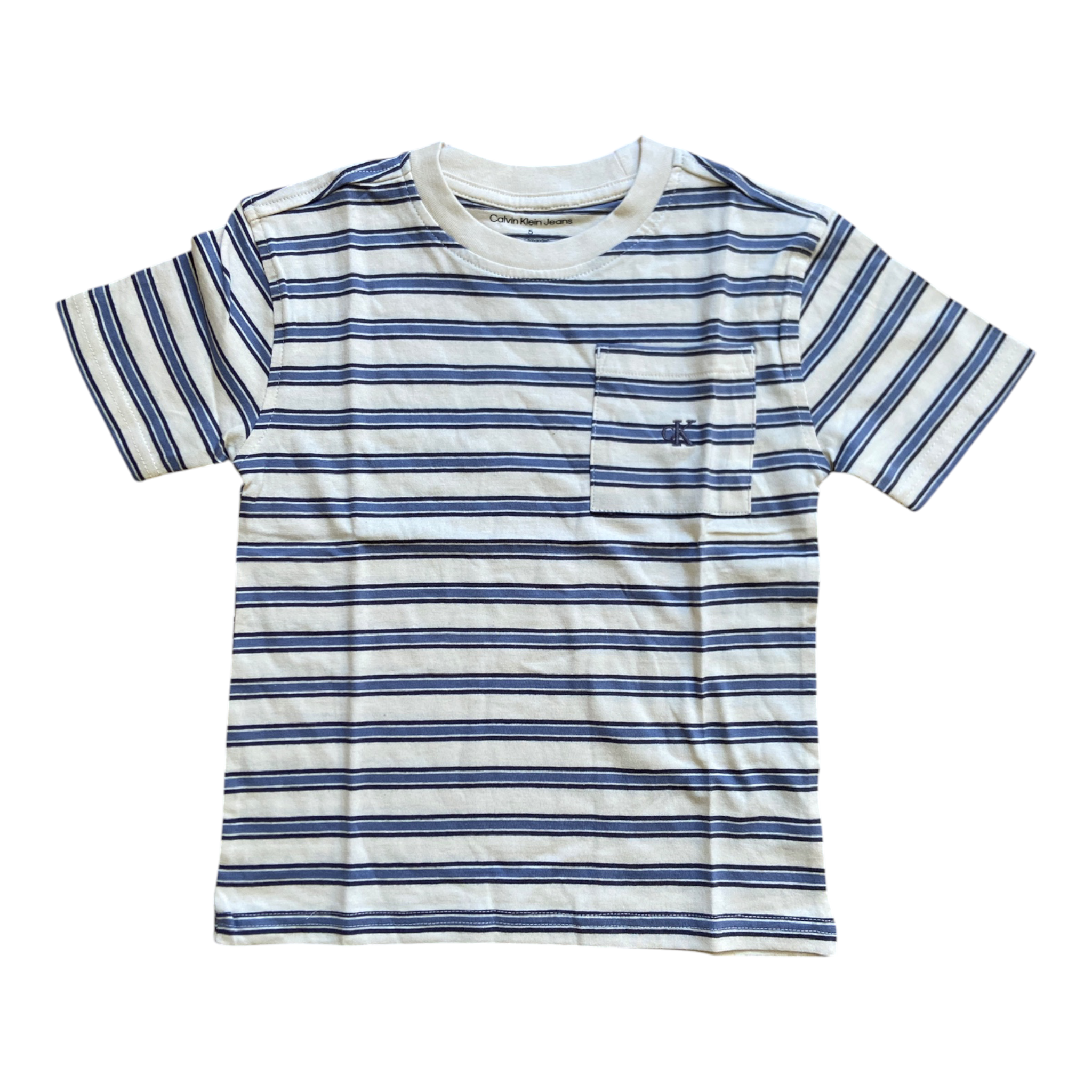 T-Shirt Calvin Klein Jeans Enfant Blanc Rayé Bleu – T-Shirt Coton à Poche Logo CK