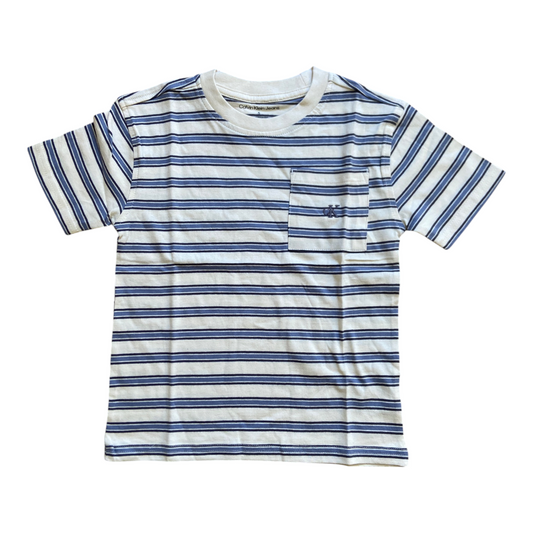 T-Shirt Calvin Klein Jeans Enfant Blanc Rayé Bleu – T-Shirt Coton à Poche Logo CK