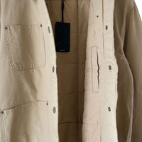 BITAMBS Tommy Hilfiger beige cotton canvas workwear jacket with button front, utility pockets, and striped lining.