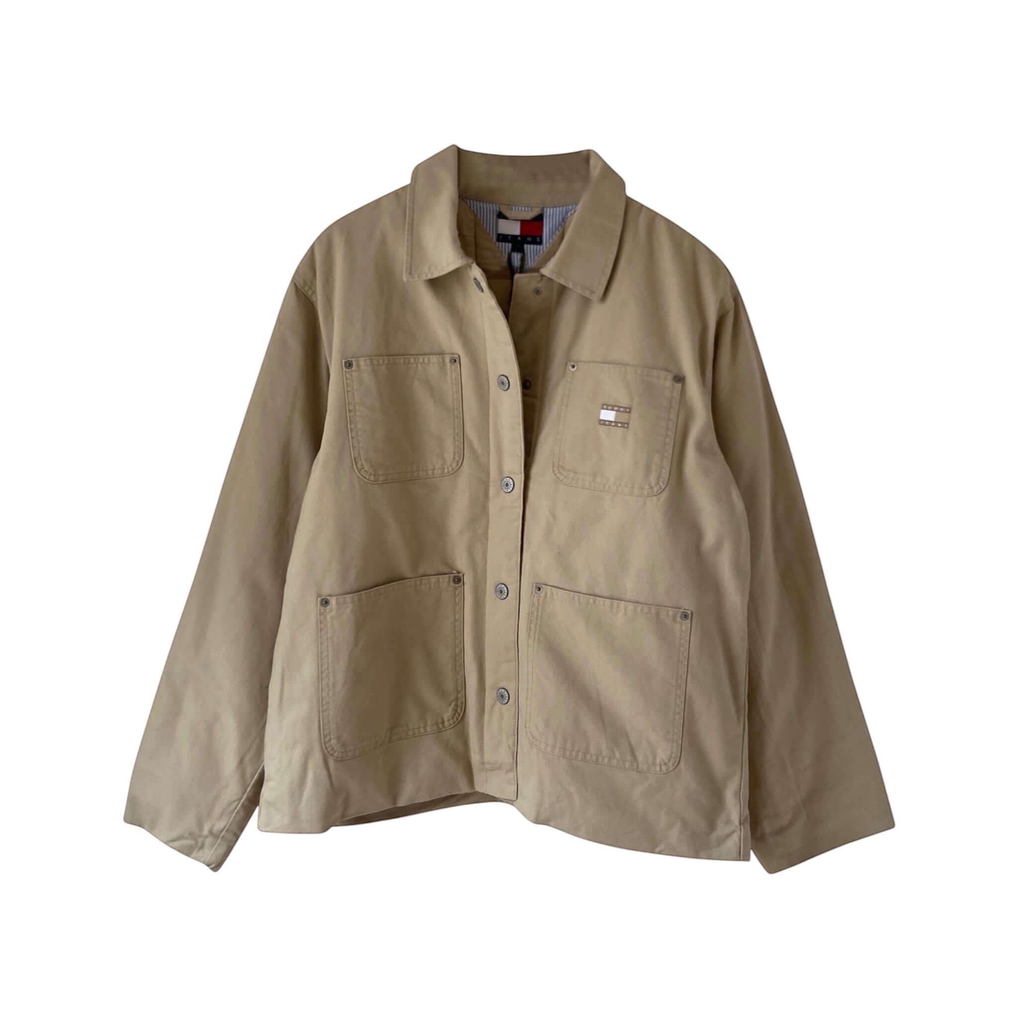 BITAMBS Tommy Hilfiger beige cotton canvas workwear jacket with utility pockets and button-down front